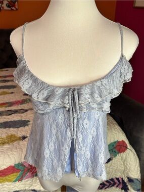 21Saints Blue Romantic Lace Ruffle Camisole Tank Fairy Mermaid Open Front Small
